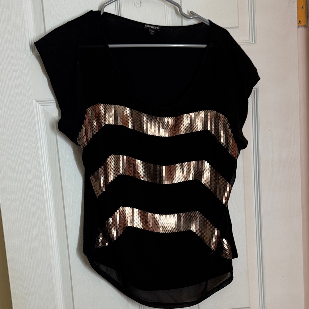 Express Black Top with Gold Sequin Stripes